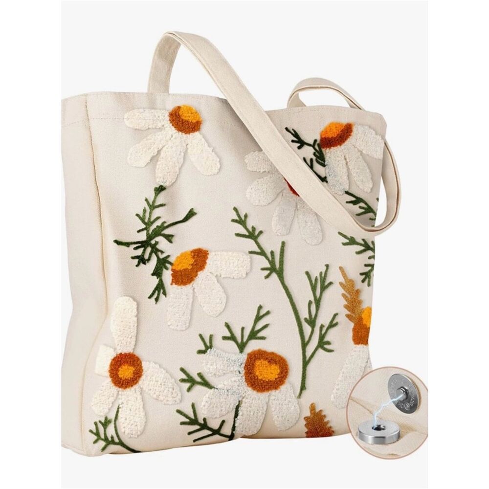 NEW Embroidered Daisy Canvas Tote Bag - Cream